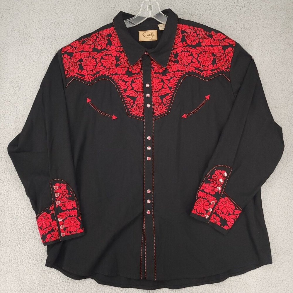 Scully Men's Pearl Snap Embroidered Rodeo Rockabilly Shirt Size 4XL Black Red